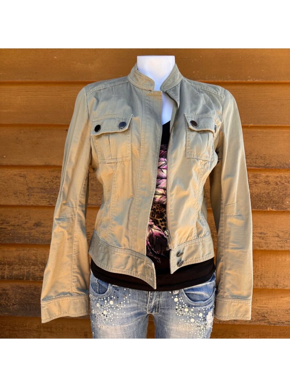Ann Taylor Womens Beige Military-Style Jacket Size 8 Button Pocket Details Zip F